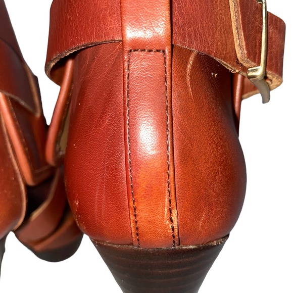 Kelsi Dagger Marcelle Cognac Leather Ankle Bootie Buckle Strap Open Toe 7.5 US - Picture 10 of 15